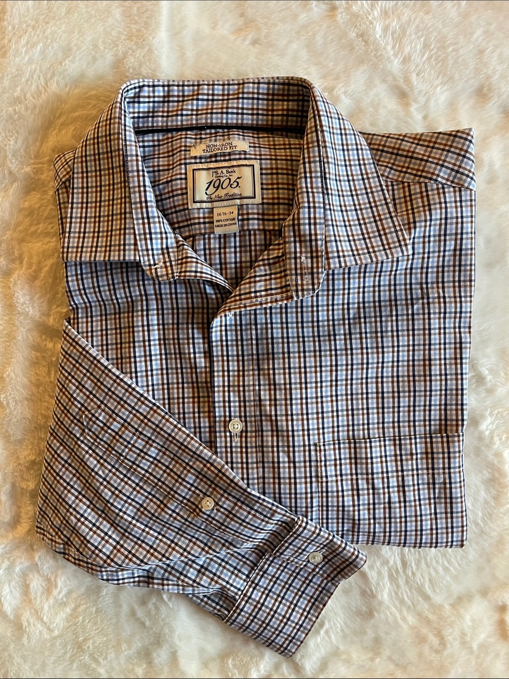 Jos A Banks Men’s Plaid Shirt - Brown & Blues SZ 16 1/2 -34